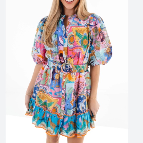 j. marie Dresses & Skirts - j. marie sloane belted dress multicolor zodiac print puffle sleeves Medium M
